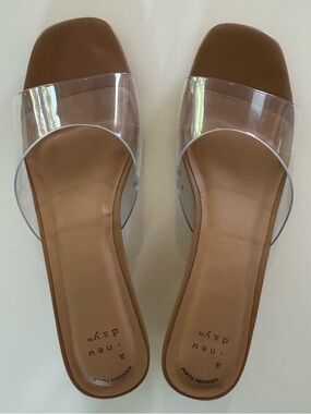 a new day Tan Slide Sandals with Clear Strap - Size 9 - 1 1/2 inch heel.